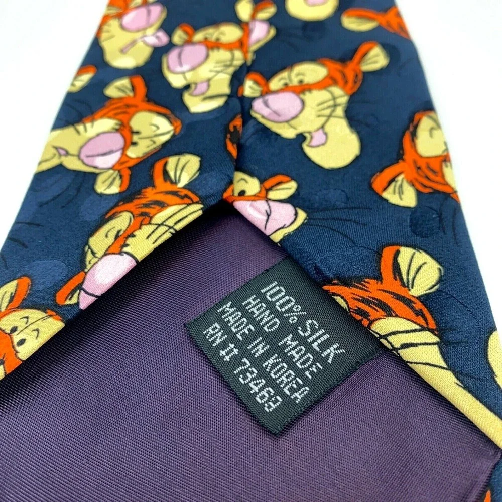 The Disney Store Tie Navy Blue Tiger Faces 100% Silk Hand Made in Korea Necktie